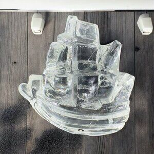 Pukeberg Sweden Art Glass Clear Boat Sailing Ship Heavy Figurine Paperweight VTG